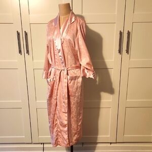 Vintage VS Gold Label Pink Satin Kimono Robe Long Floral Damask Coquette P/S